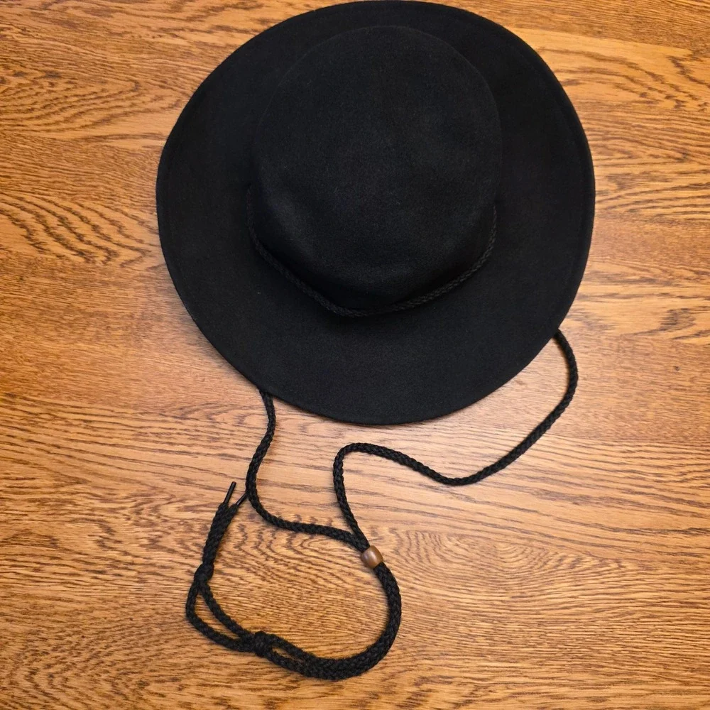 Arlin Vintage Black 100% Wool Wide Brim Felt Hat Chin‎ Strap Sombrero Cowboy USA